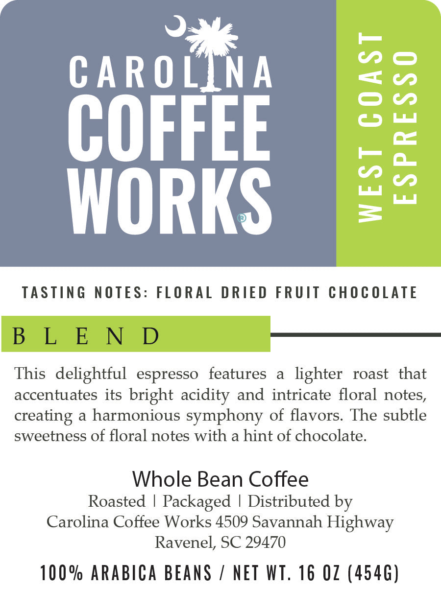 The product label for Carolina Coffee Works West Coast Espresso.