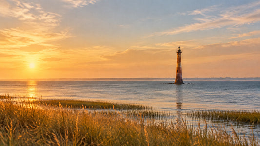 The Morris Island Lighthouse standing offshore in the waters near Charleston at golden hour
