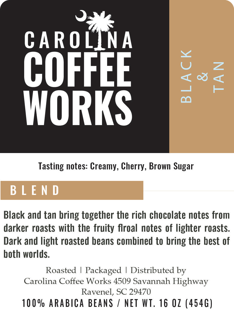 The Carolina Coffee Works black and tan label.