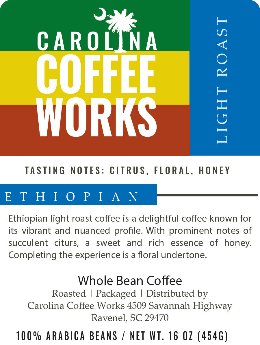 The label for Carolina Coffee Works Ethiopian light roast coffee.