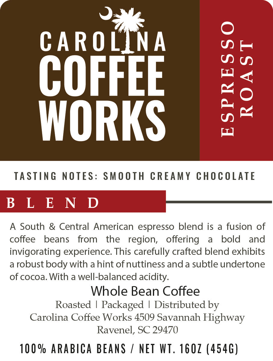 The label for Carolina Coffee Works Espresso Roast blend.