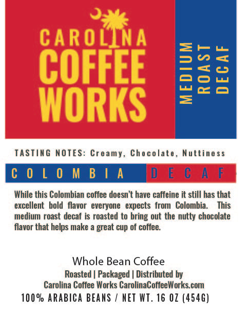 Carolina coffee works label for Colombian decaffeinated coffee.