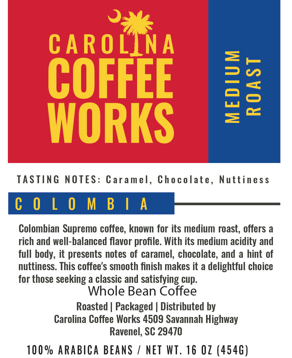 Carolina Coffee Works label for their Colombian medium roast coffee.