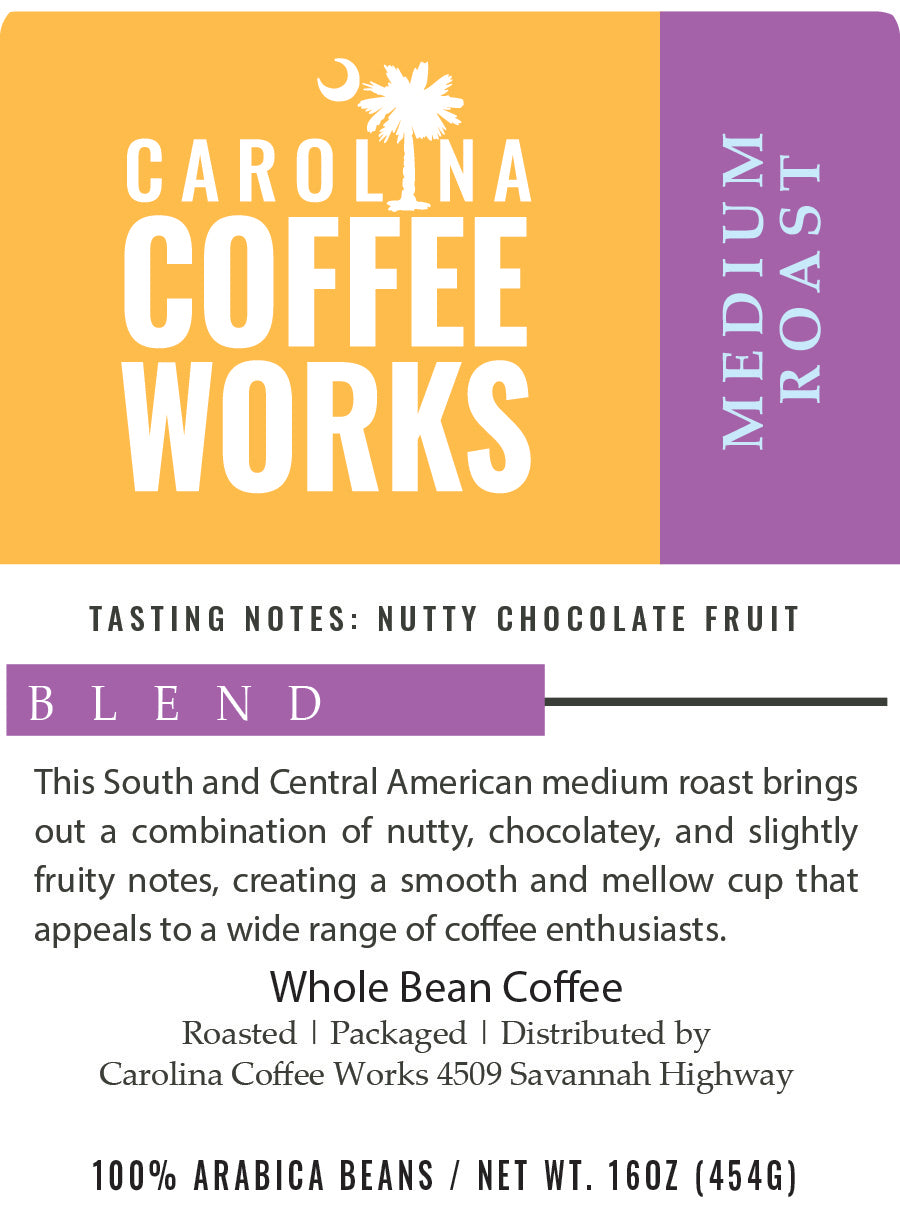 Label for Carolina Coffee Works Medium Roast Coffee sourced with a blend from Latin America with nutty, chocolate, and fruity flavor notes.