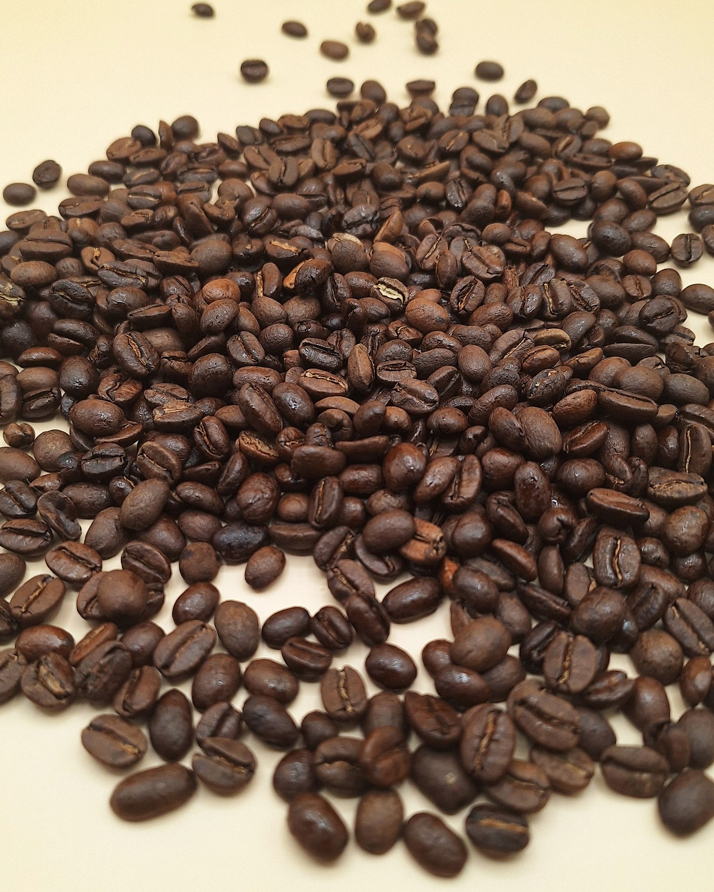 An array of Carolina Coffee Works Medium Roast coffee beans on a tan background. 