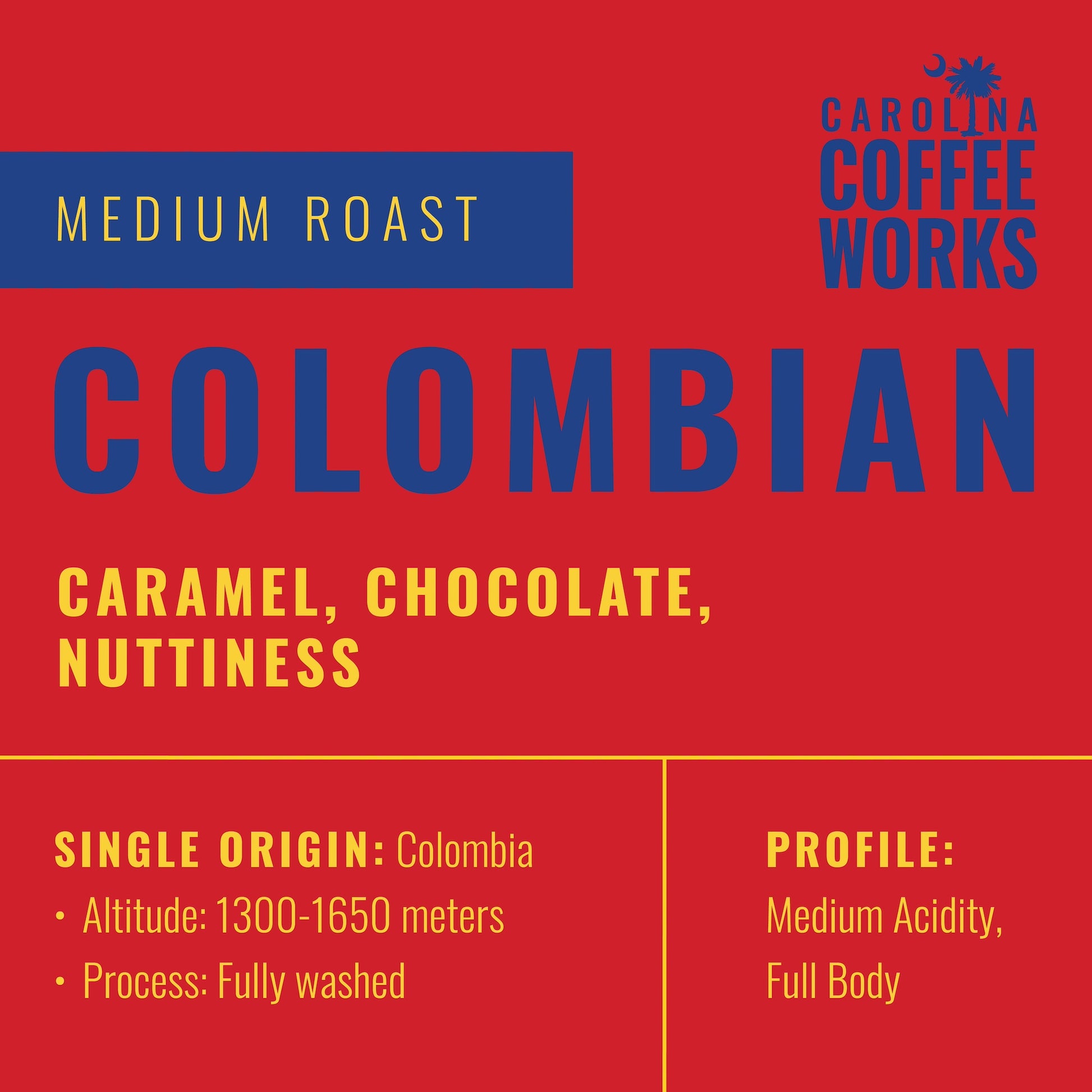 An infographic for Carolina Coffee Work's Colombian medium roast, with tasting notes of caramel chocolate nuttiness. It's a single origin coffee from Colombia, grown at an altitude of 1300-1650 meters and fully washed process. The profile is medium acidity and full body.