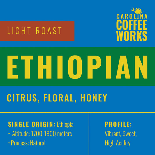 An infographic for Carolina Coffee Work's Ethiopian light roast, featuring tasting notes of citrus, floral and honey. It's single origin is Ethiopia, where the coffee beans are grown at an altitude of 1700-1800 meters. The flavor profile is vibrant, sweet with high acidity.