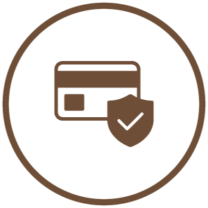 An brown circular icon of a credit card with a check trust seal.