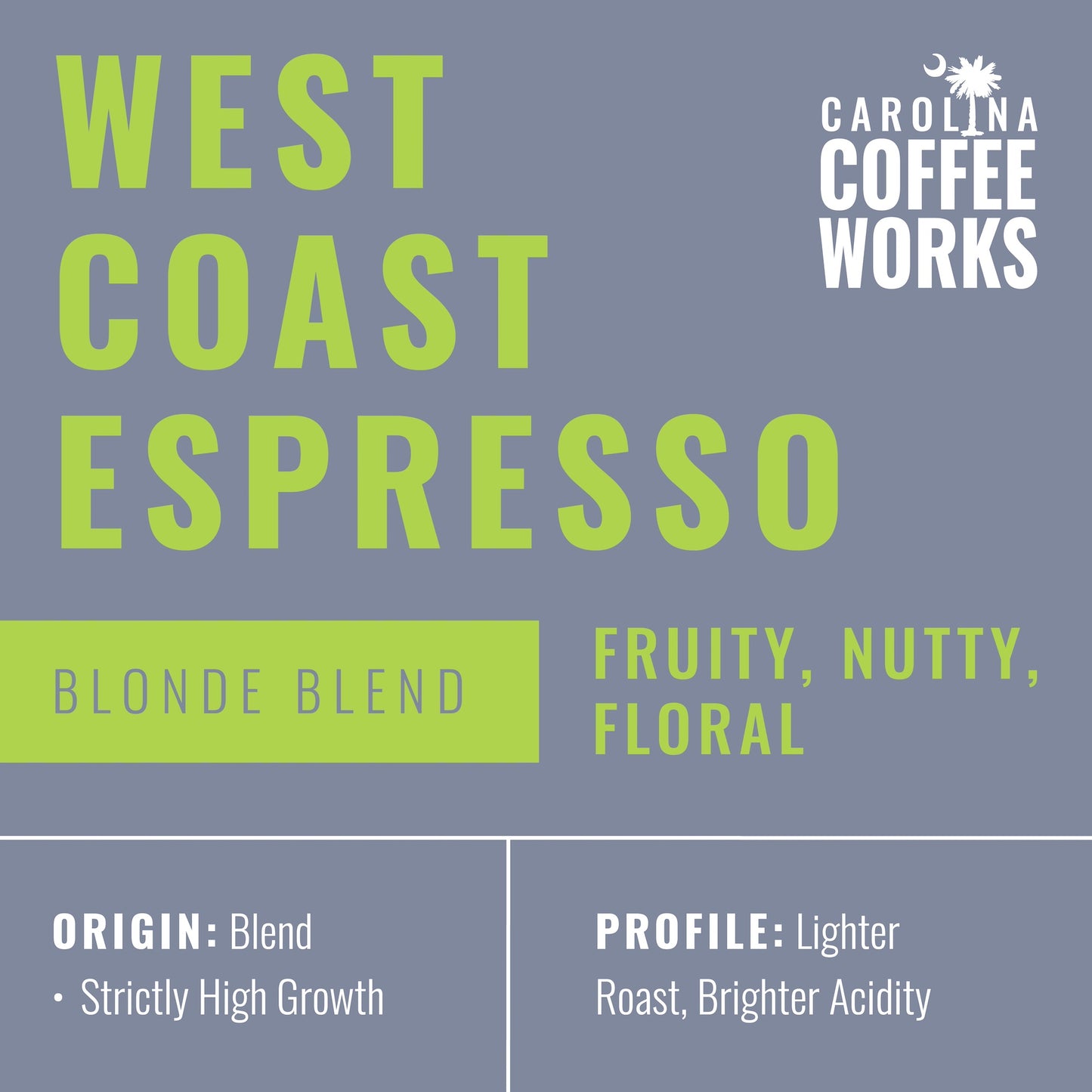 An infographic for Carolina Coffee Works West Coast Espresso, which states it is a blonde blend with fruity, nutty and floral tasting notes. Its origin is a blend of strictly high growth coffee beans, and its flavor profile is lighter roast with brighter acidity.